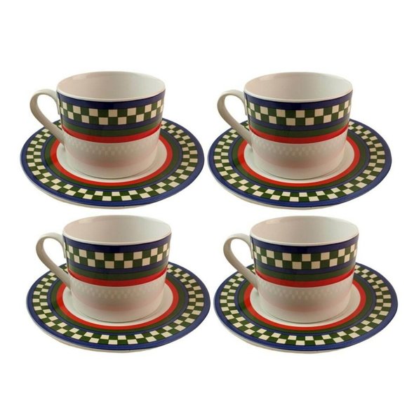 Ella's Rooster Bob Timberlake 2.5" Flat Cup & Saucer Set of 4 Checkered Rim - Picture 1 of 11